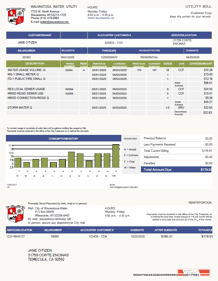 USA Wauwatosa Water utility bill template in Word and PDF formats